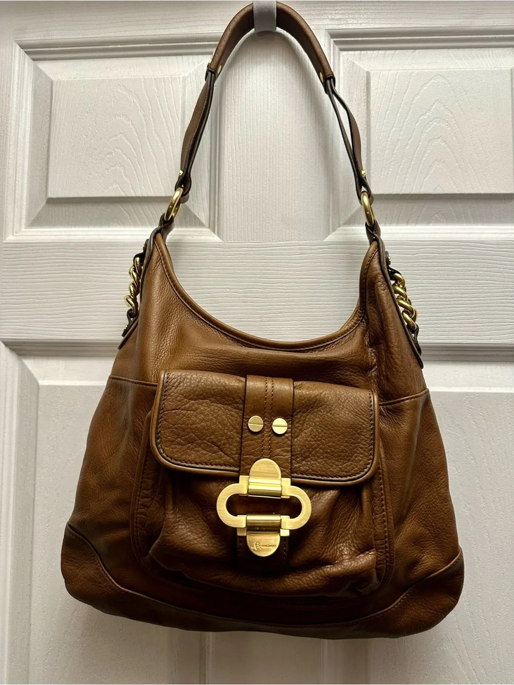 B Makowsky Brown Leather Shoulder Bag with Gold Hardware